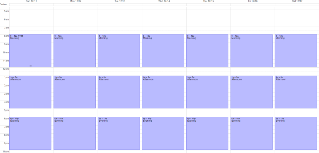 Blank calendar for a week divided into morning, afternoon, and evening blocks