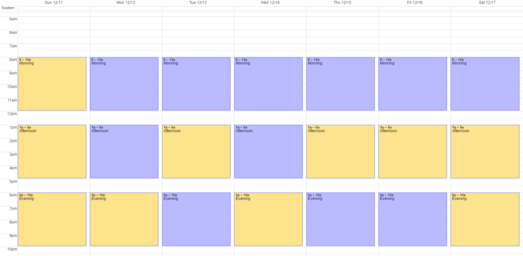 Sample calendar with yellow blocks to denote "nothing" slots